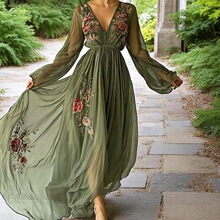 X 58900 Digital Print V Neck Long Sleeve Dress ���aӡ���B��