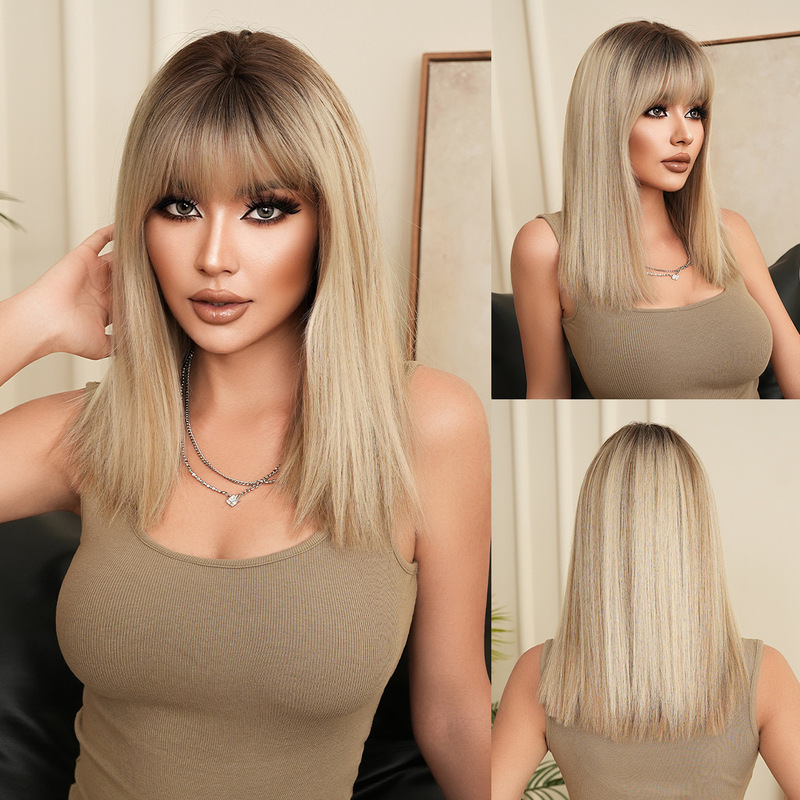 High-Quality Light Blonde Wig for Women, Medium-Length Hair, Natural Air Bangs, Shoulder-Length Straight Hair, Full Wig Wholesale