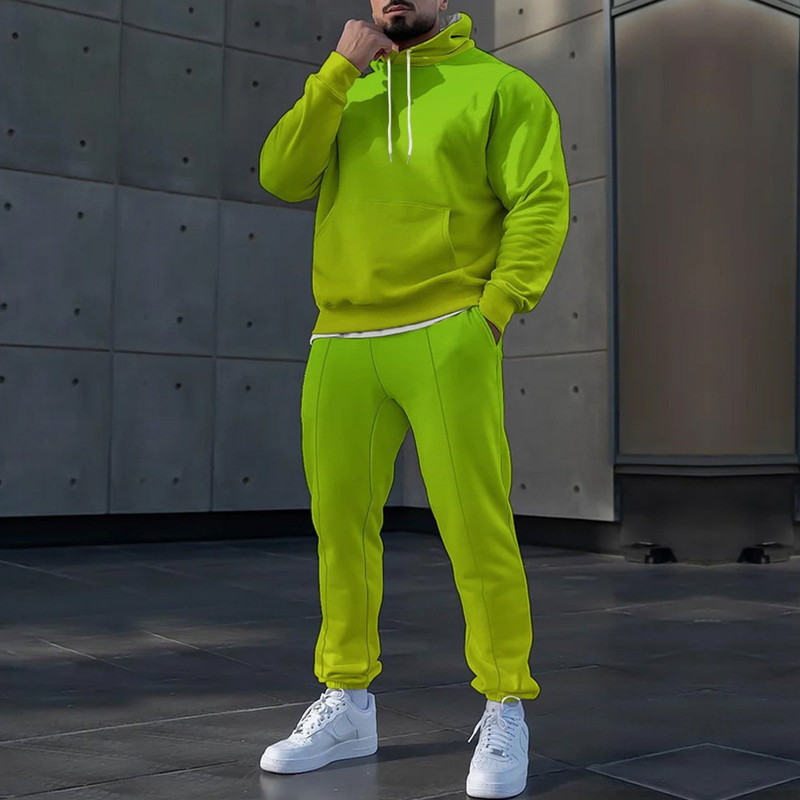 Otoño nuevo estilo de los hombres colorido color de contraste estilo de diseño estilo popular cordón suéter con capucha pantalones MC11-ML1