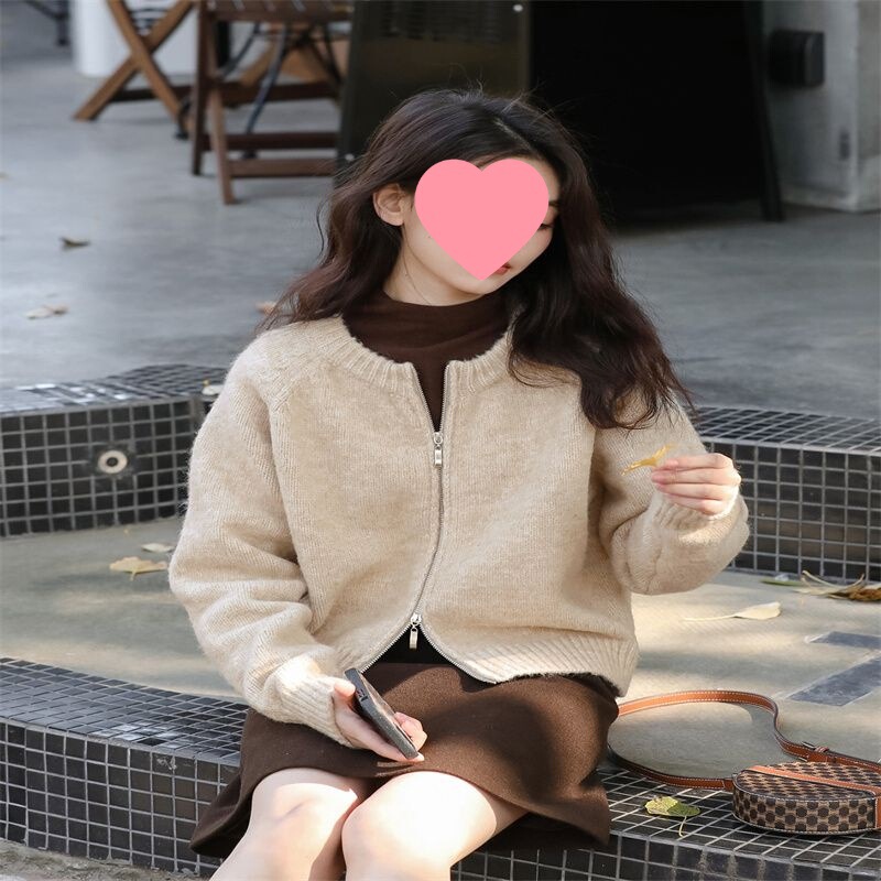 燕麦色短款毛衣外套女秋冬宽松慵懒外穿拉链开衫针织上衣无|undefined