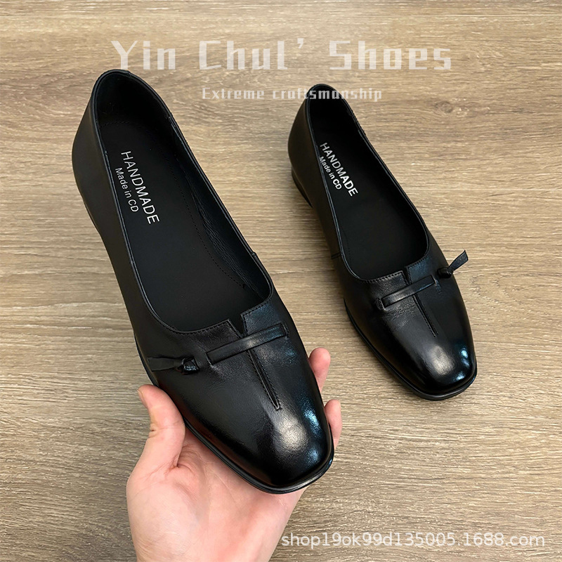 in stock and fast delivery [Chengdu Style] Soft Leather Soft Bottom Single Shoes Women's Thick Heel Middle Heel Women's Shoes Round Head Widened Small Leather Shoes Women