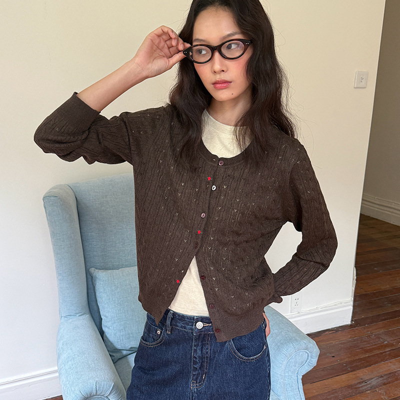 [Clearance, No Returns] Allo 2025 Autumn Short Versatile Knitted Cardigan Embroidered Round Neck Top 19226