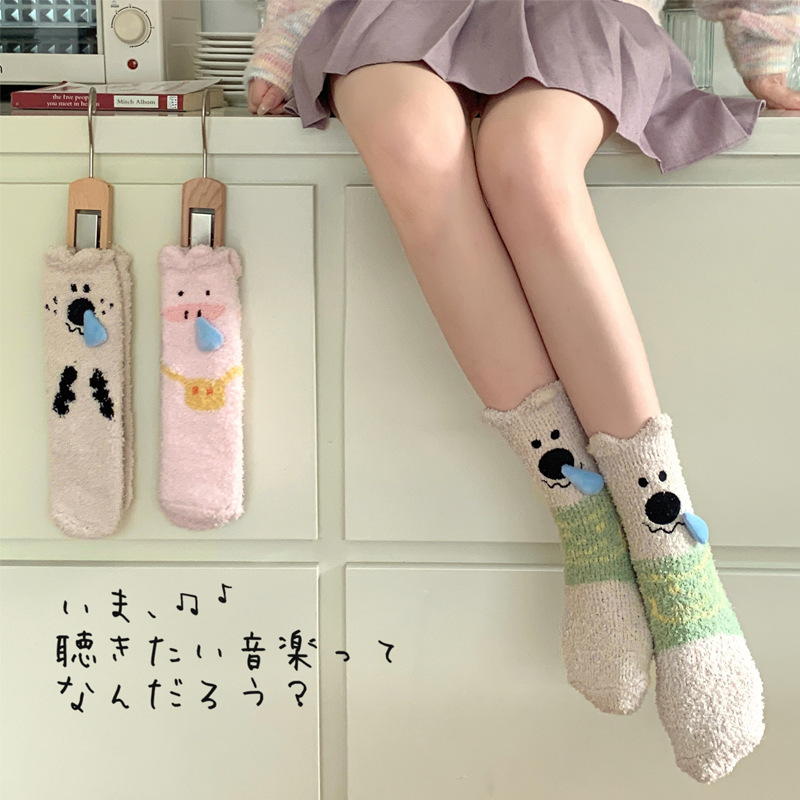 Thick Socks Women's Mid-length Socks Autumn and Winter All-match Floor Socks Cute Warm Design Fashionable Socks Coral Fleece Doll Card