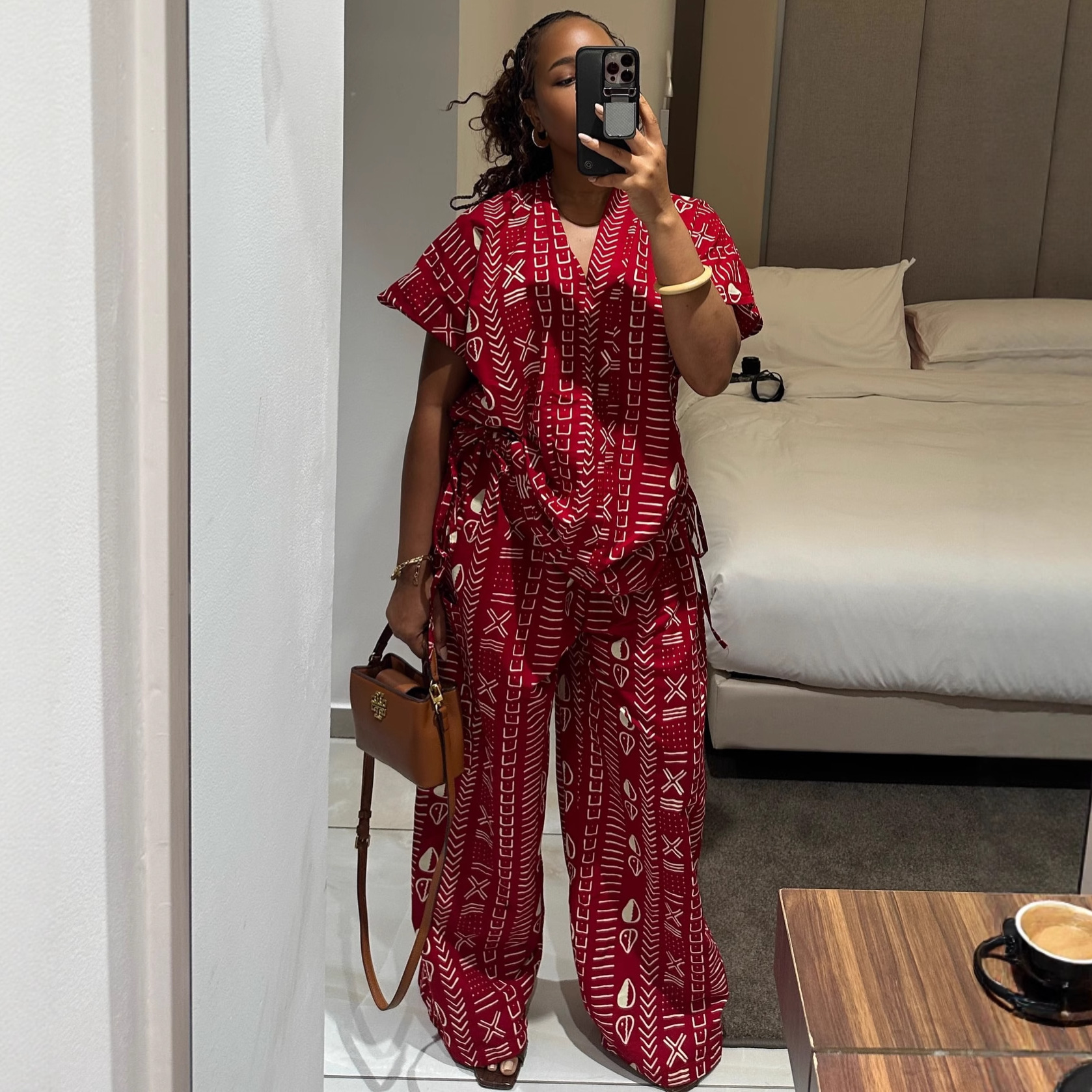 European and American Fashion Printed Short-Sleeve Drawstring Waist Slimming Shirt and Wide-Leg Pants African Style Chic Set
