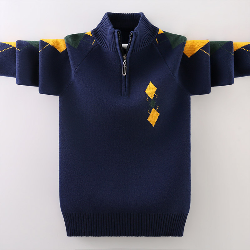 Boys' sweater stand collar handsome boys' half zipper winter fleece-lined thickened sweater children's winter warm clothes