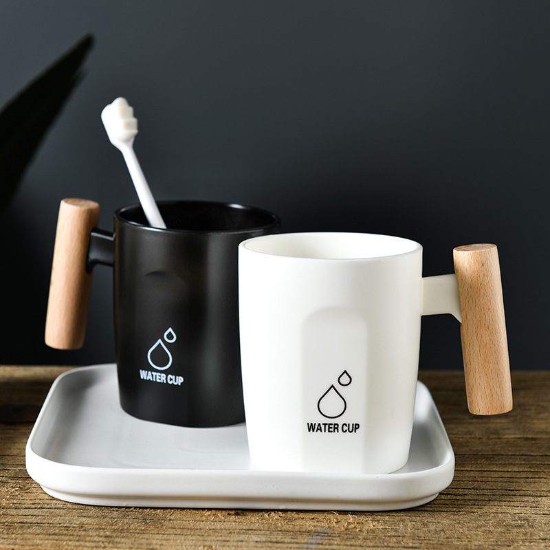 Designer Toothbrush Holder With Wooden Handle And Contrast Cup_voghion.com
