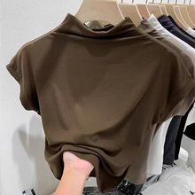 紧身辣妹半高领白色短袖夏季春秋内搭纯欲显胸正肩t恤女内搭上衣