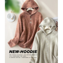 2025濮院秋冬新品门襟钉扣宽松拉毛100羊毛衫女休闲帽衫高阶拉绒