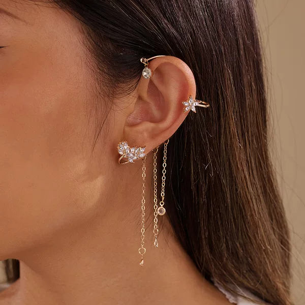 EZ6034 tassel ear cuff with diamond-studded wheat design, no ear piercing required, niche and ethereal earrings for women