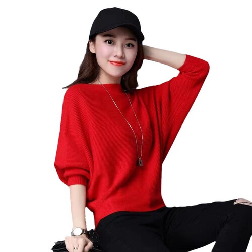 Korean style batwing sleeve knit sweater short sleeve loose fit versatile simple long sleeve base shirt top spring and autumn new arrival