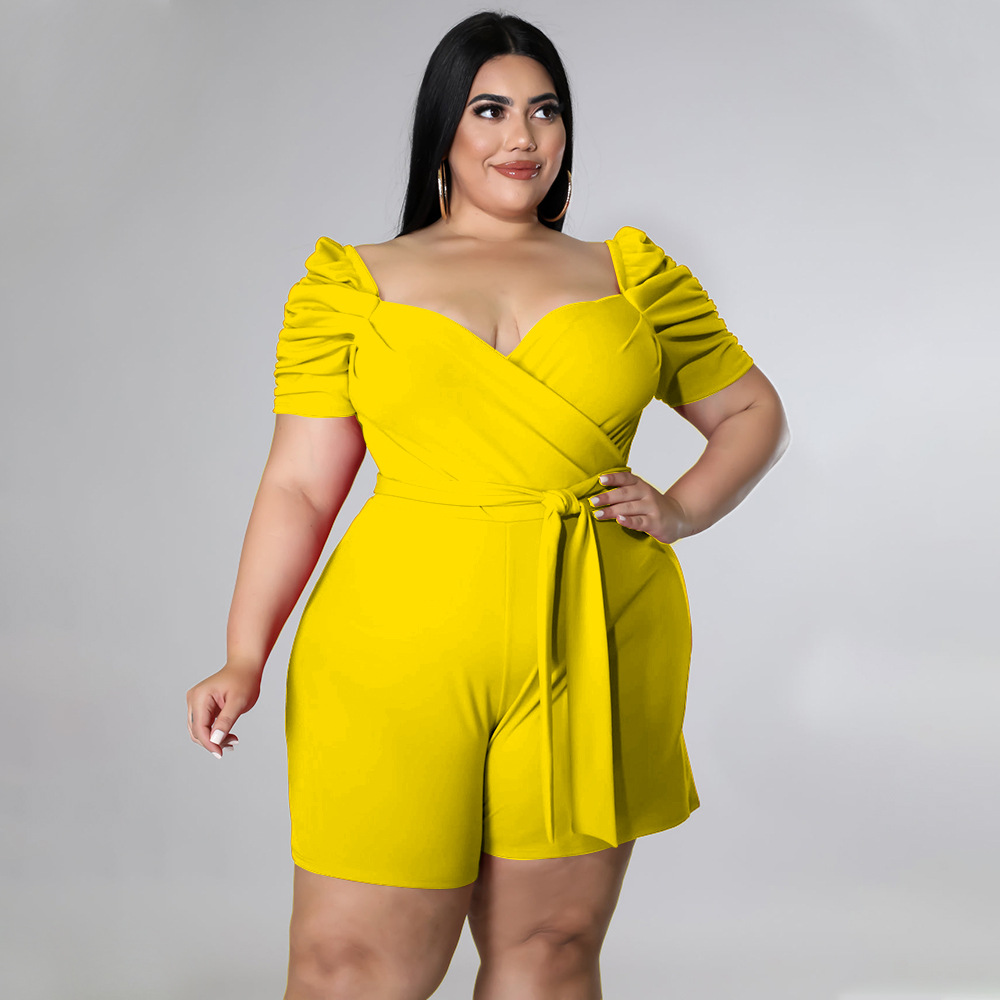 plus size low-cut puff sleeve lace-up solid color jumpsuit NSLNW122670