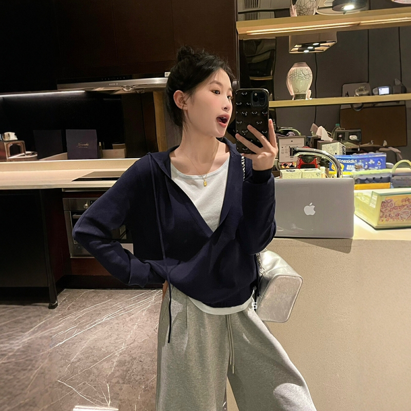 藏青色设计感假两件连帽针织衫女早秋韩系薄款慵懒风卫衣t恤上衣|undefined