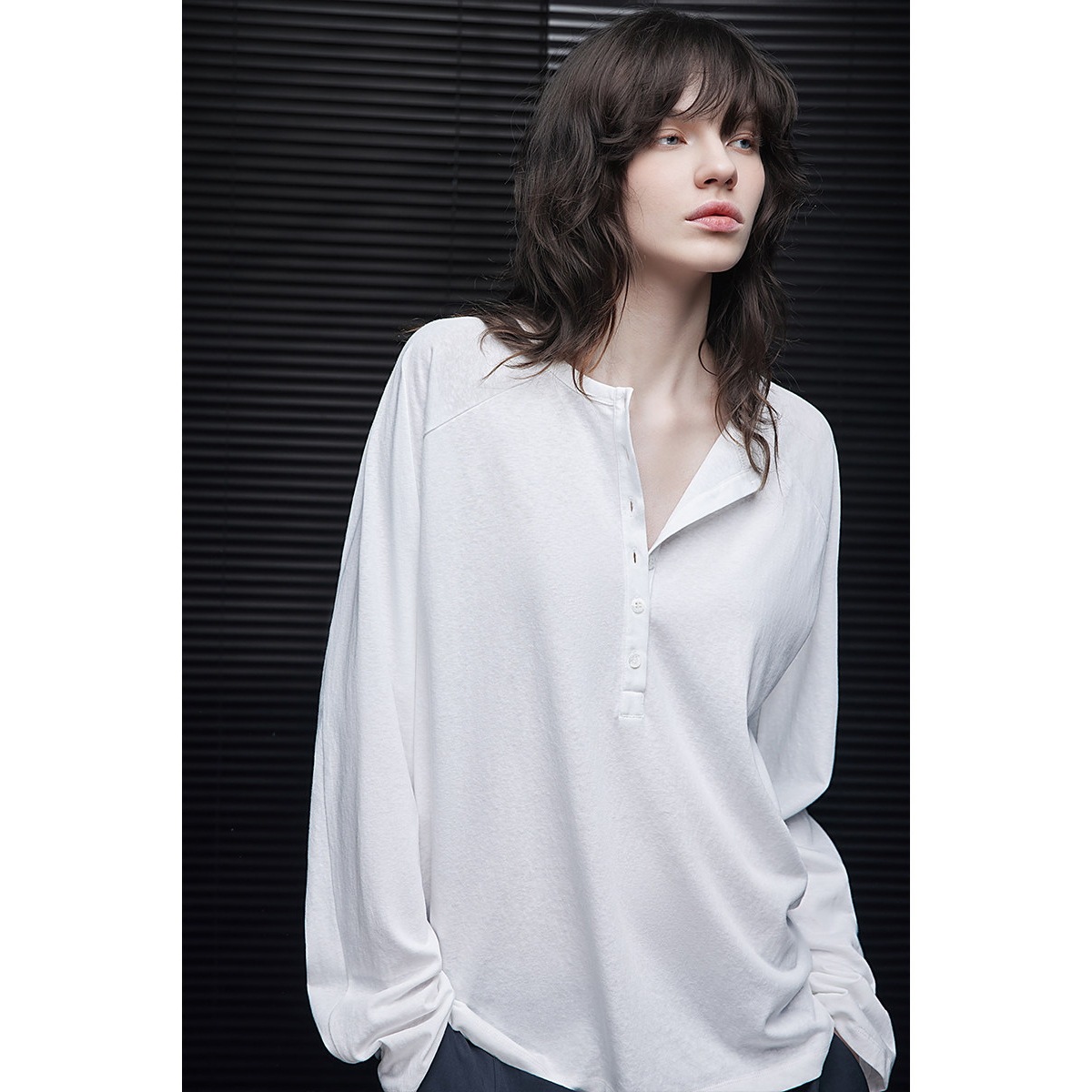 4627 # Lin Mumu White Henry Collar Long-sleeve T-shirt Early Spring...