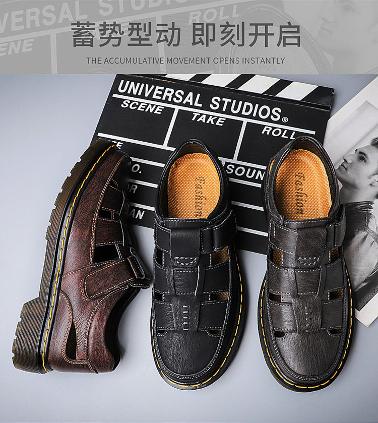 Dép sandal nam da thật bít mũi đế dày dán Velcro cỡ lớn — 202122 màu đen, 202122 đỏ nâu, Màu xám 202122 chi tiết 1