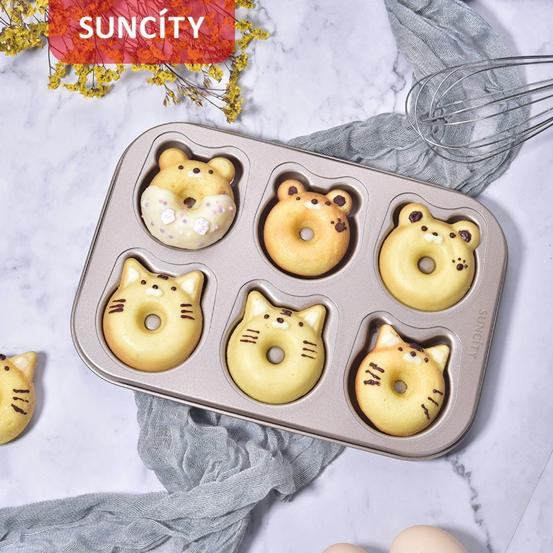 阳晨 Cartoon bear donut baking pan 6-connected cake oven carbon steel non-stick mold household baking tools