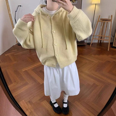 秋冬韩系新款抽绳连帽单排扣宽松多巴胺色系针织开衫女休闲外套