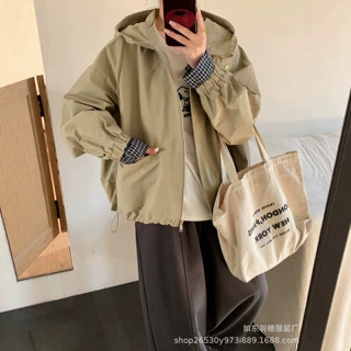 秋款拼格子连帽短款夹克外套女韩系宽松休闲慵懒风外搭开衫上衣B4