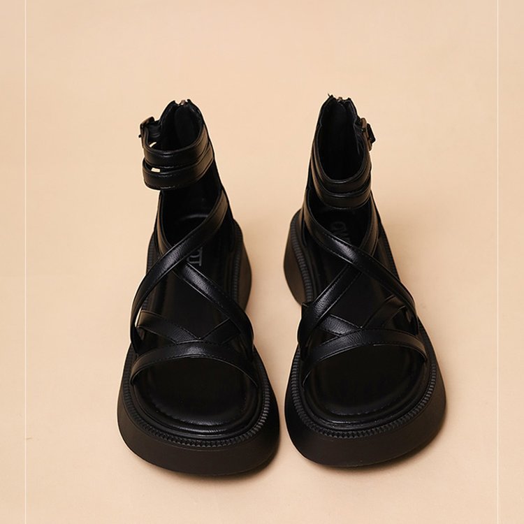 Popular Platform Sandals For Women, Summer 2024 New French Style, High-end Black Retro Beach Roman Shoes_vogvips.com