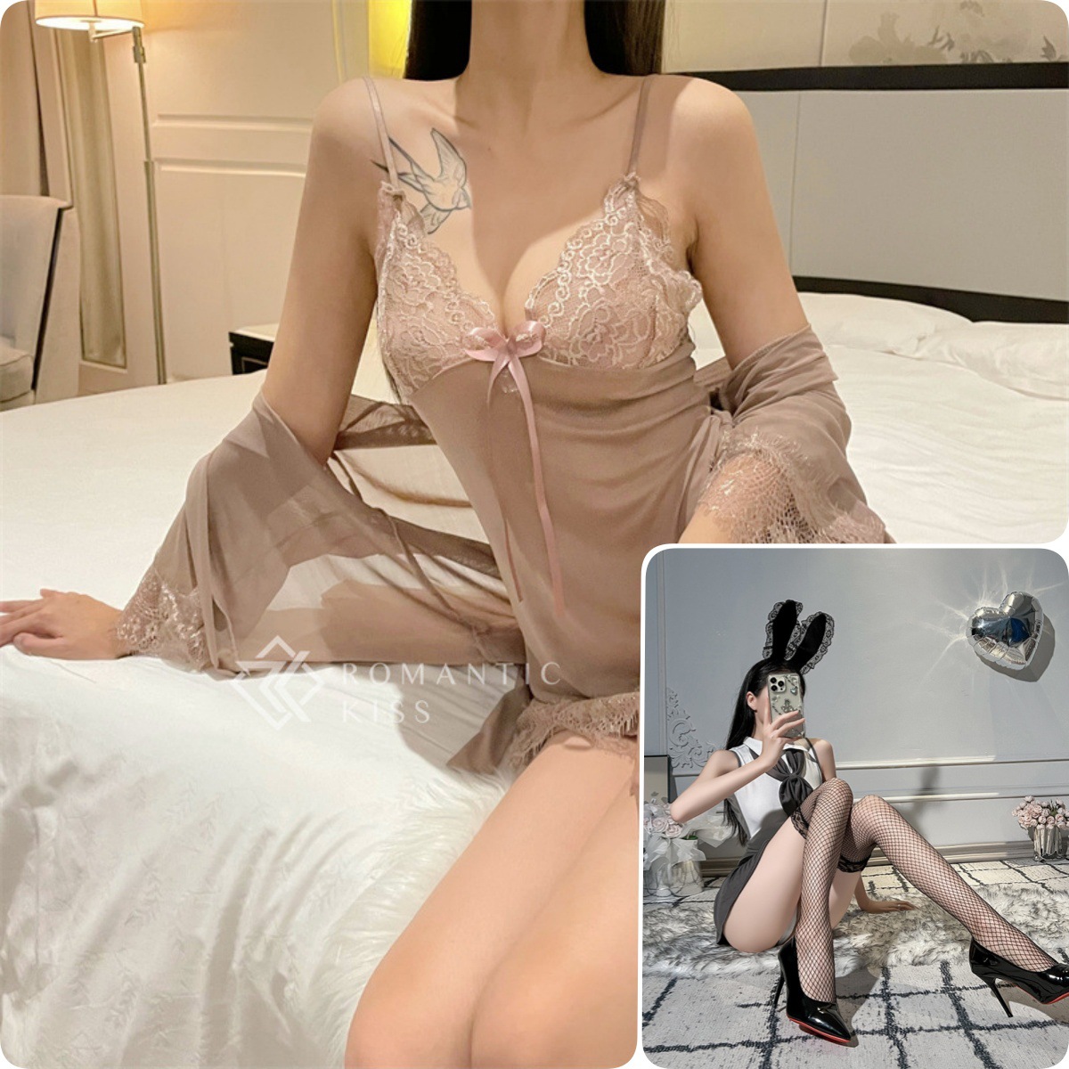 브라운 컬러 (잠옷+T바지+가운+블랙 망사스타킹)