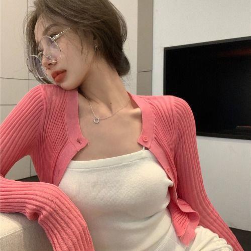 Ice Candy Color Knitted Cardigan Women's Summer Korean Version Slim Fit Slim Thin Sweetheart Style with Sunscreen Cover Fashion