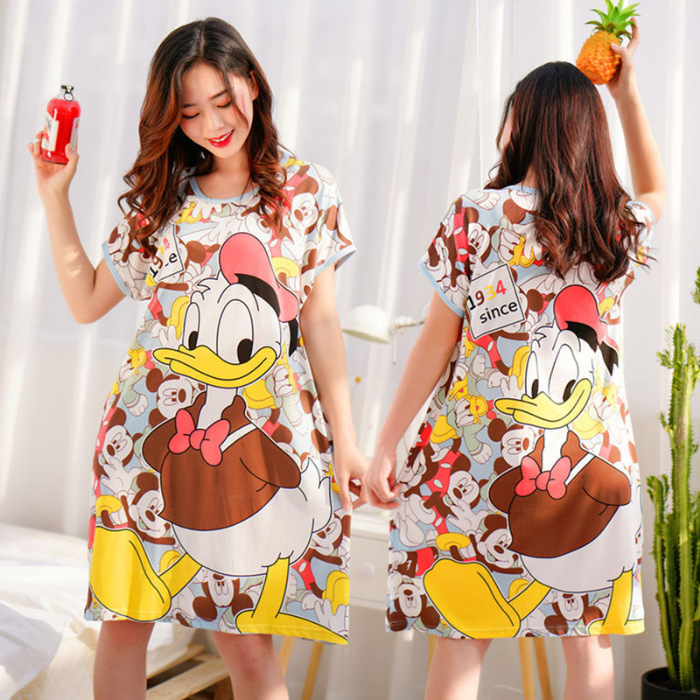 Camisón de las mujeres del verano Delgado manga corta nueva línea rojo estilo pijamas dibujos animados lindo señoras vestido flojo desgaste hogar