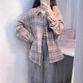 幂式衬衣粉色格子衬衫女秋季新款学院风上衣春秋甜美少女长袖宽松