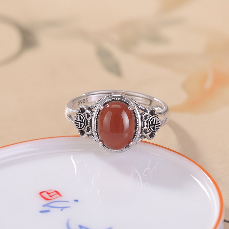 Nhẫn bạc S925 nam mặt hồng mã não hình học trứng mì phong cách retro — Một mảnh