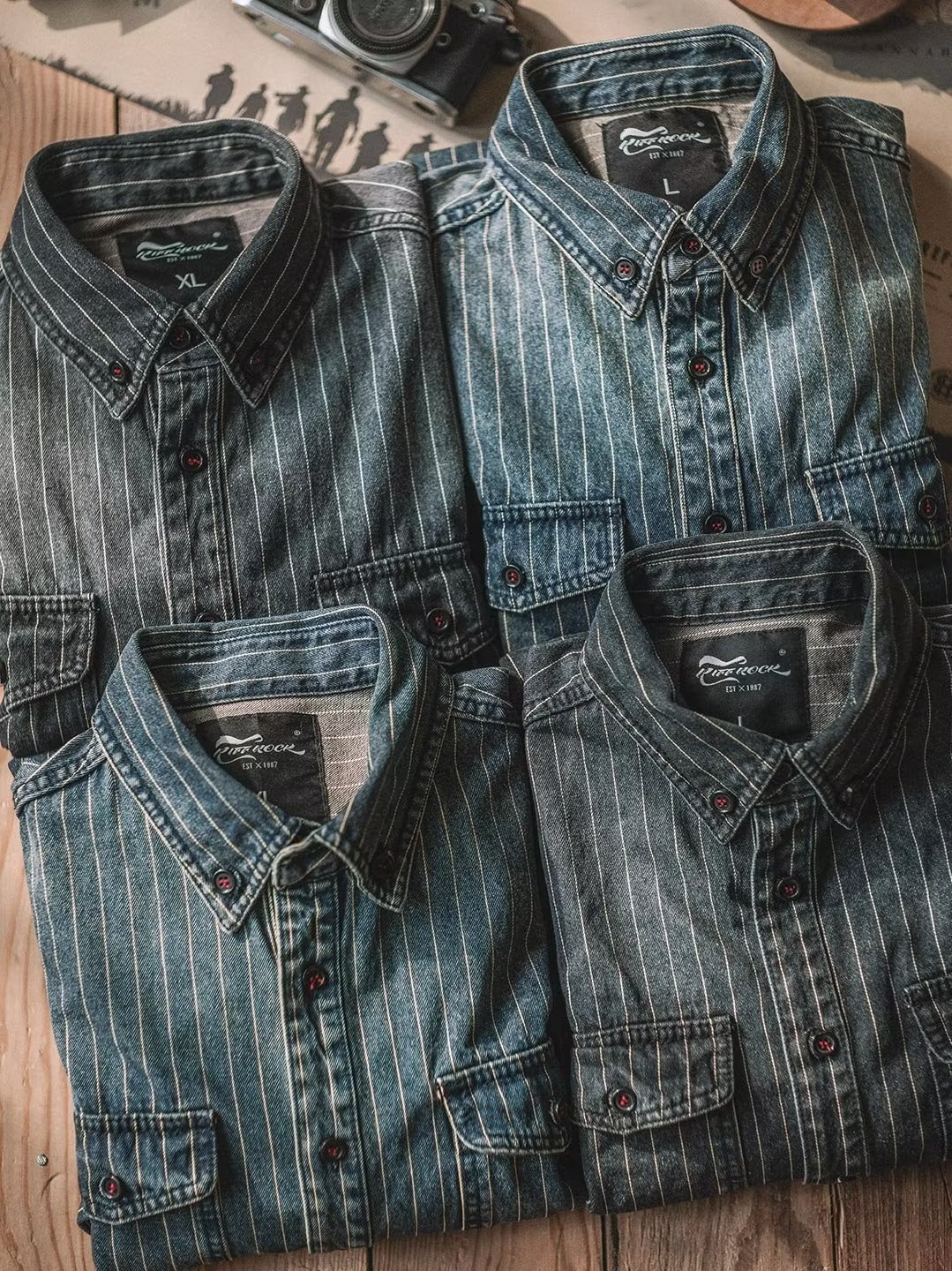 Herren Denim Hemd Japanischer Retro Style Langarm Gestreift_voghion.com