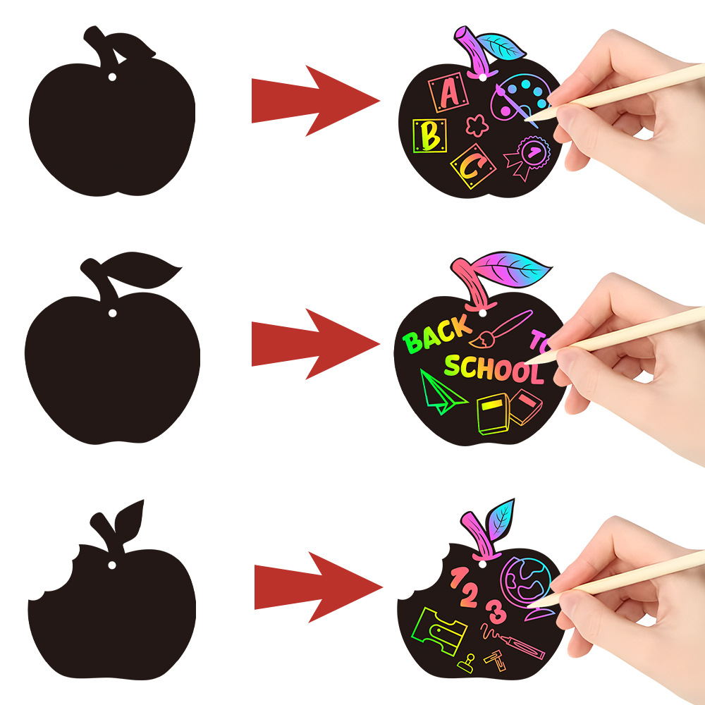 Nuevo estilo transfronterizo decoración de temporada escolar pintura raspadora de bricolaje tema de regreso a la escuela decoración de fiesta colgante de tarjeta rasca de manzana