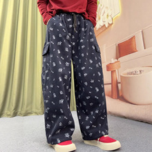 2025新品松紧腰复古宽松印花直筒裤加绒保暖牛仔阔腿裤女