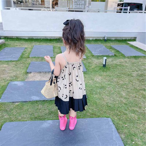 Girls Smiling Face Dress Summer Style Children's Ruffled Suspender Skirt Children's Dress 3-8 Years Old Children's Clothing One Piece Dropshipping