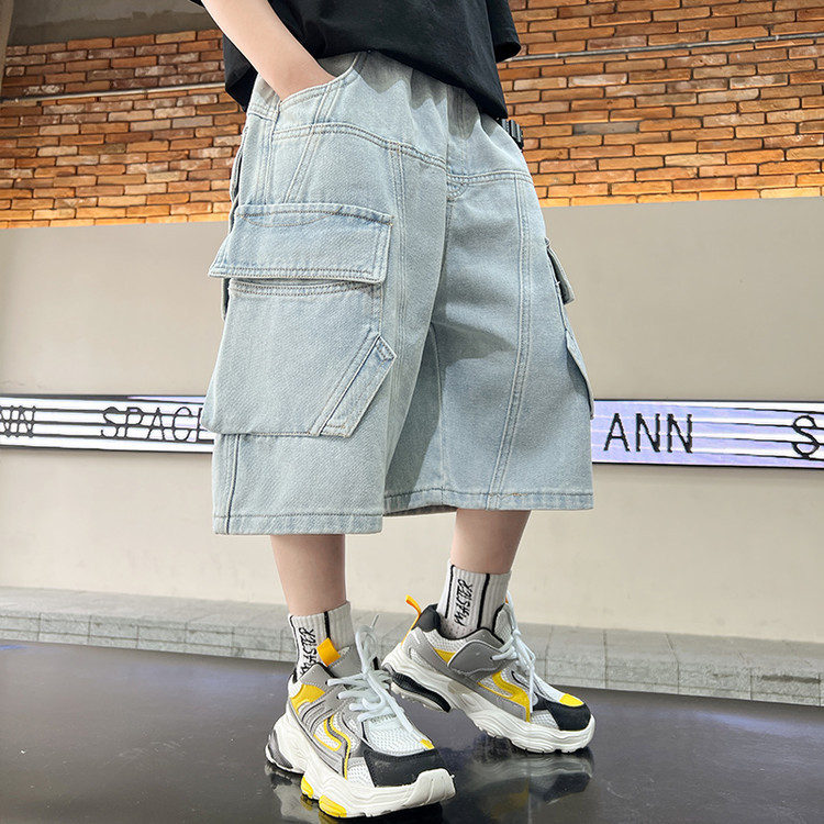 Men's Clothing Distressed Wash Denim Capri Pants For Kids - Stretch Waist Comfort Fit - Unisex Flannel-Lined Casual Trousers (120-170cm, Indigo Blue)_voghion.com