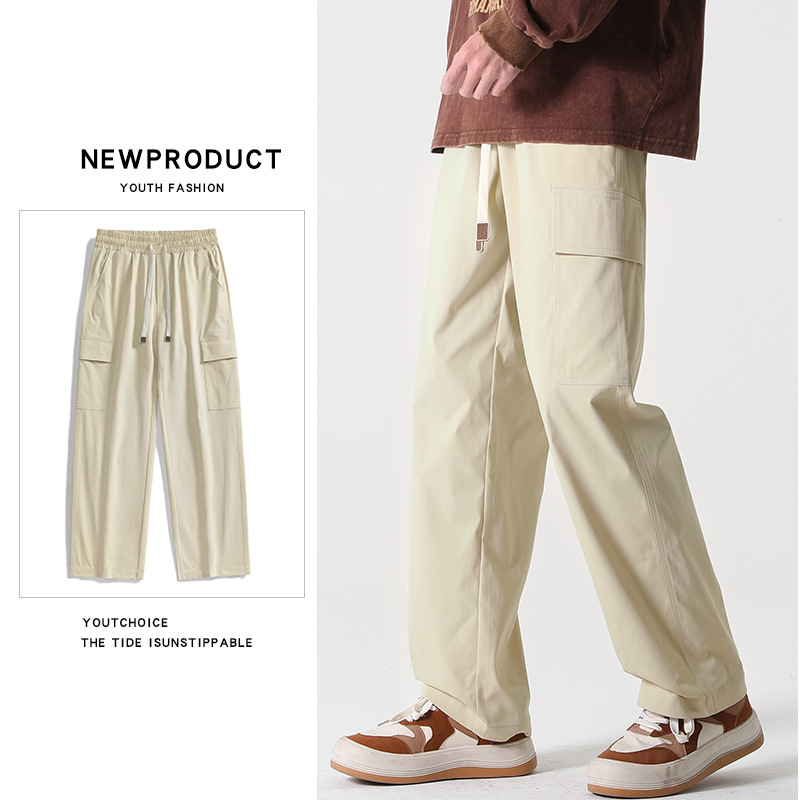 Pantalones rectos pantalones de pierna ancha para hombres primavera y otoño color sólido ropa de trabajo multibolsillos pantalones sueltos casuales de manga larga sensación de drapeado de moda