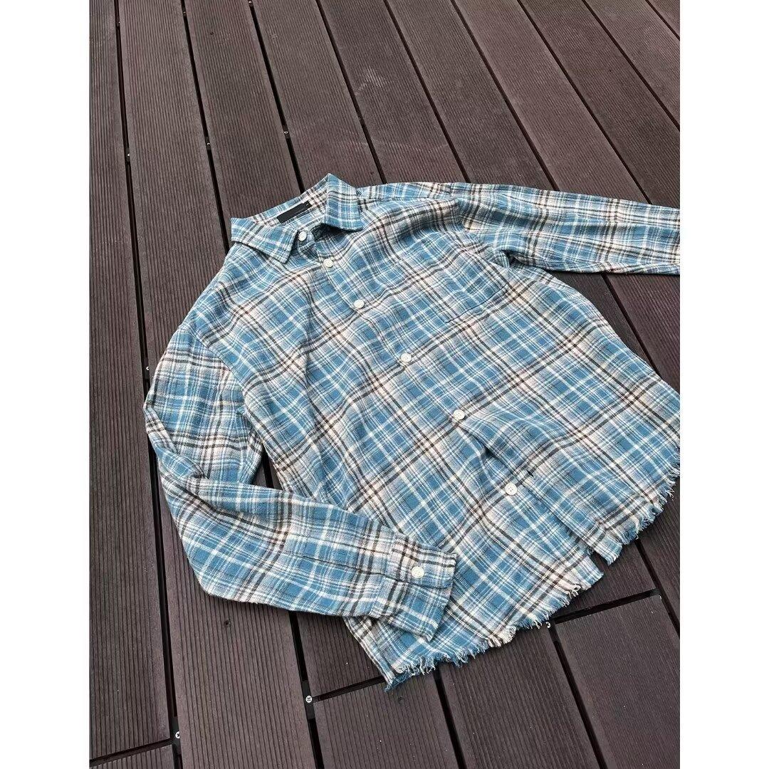 American High Street Plaid Washed Frayed Long Sleeve Unisex 2025 Spring Autumn Loose Trendy Shirt_viptrois.com