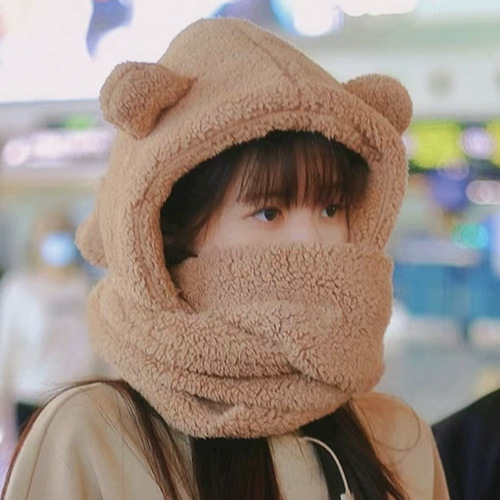 Winter New Women's Hat Scarf Combo Plush Thick Ear Warm Bear Hat Cycling Warmth Anti-Frost LuSi Same Version