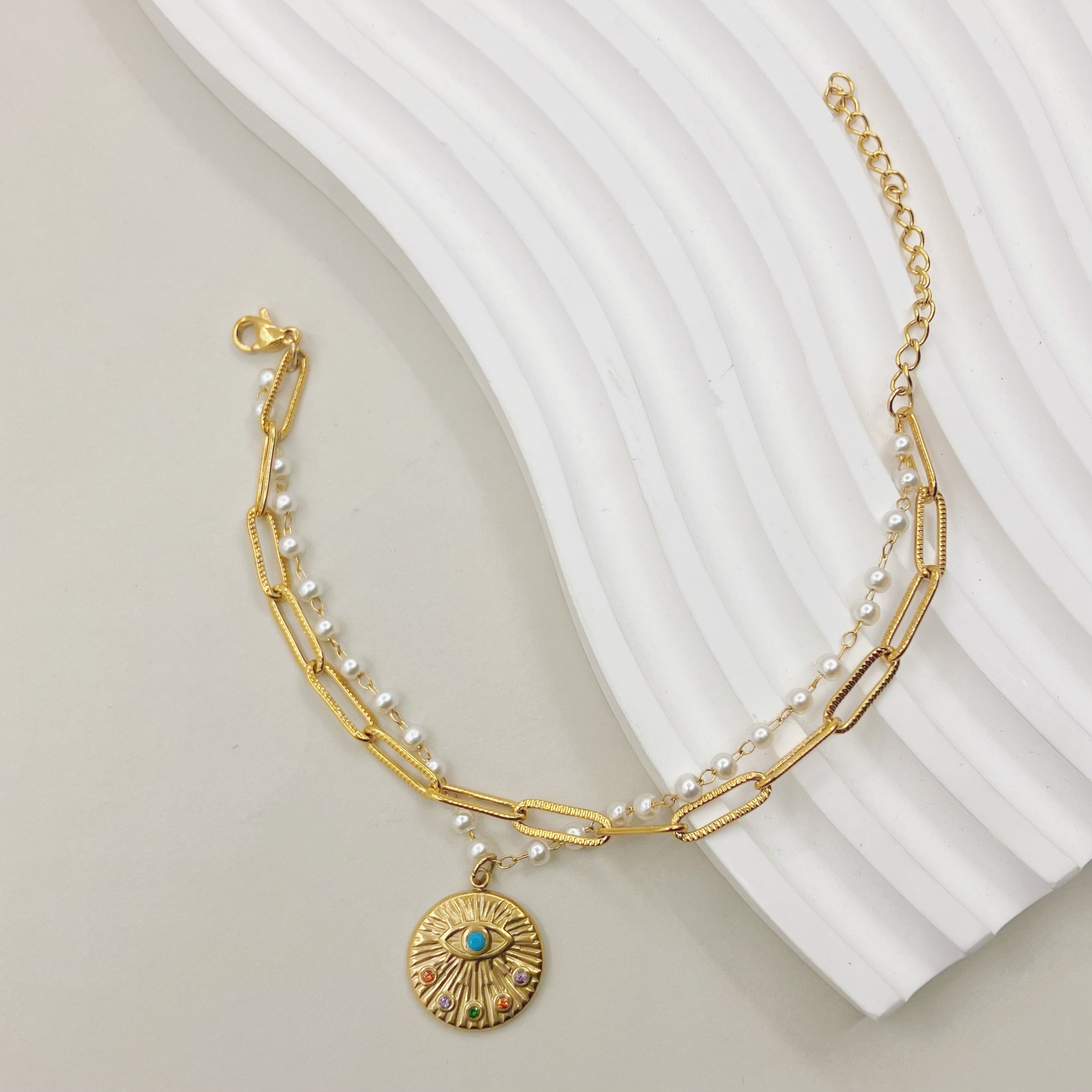 Fashion Devilu0027S Eye Stainless Steel Pearl Plating Inlay Zircon Bracelets 1 Piece