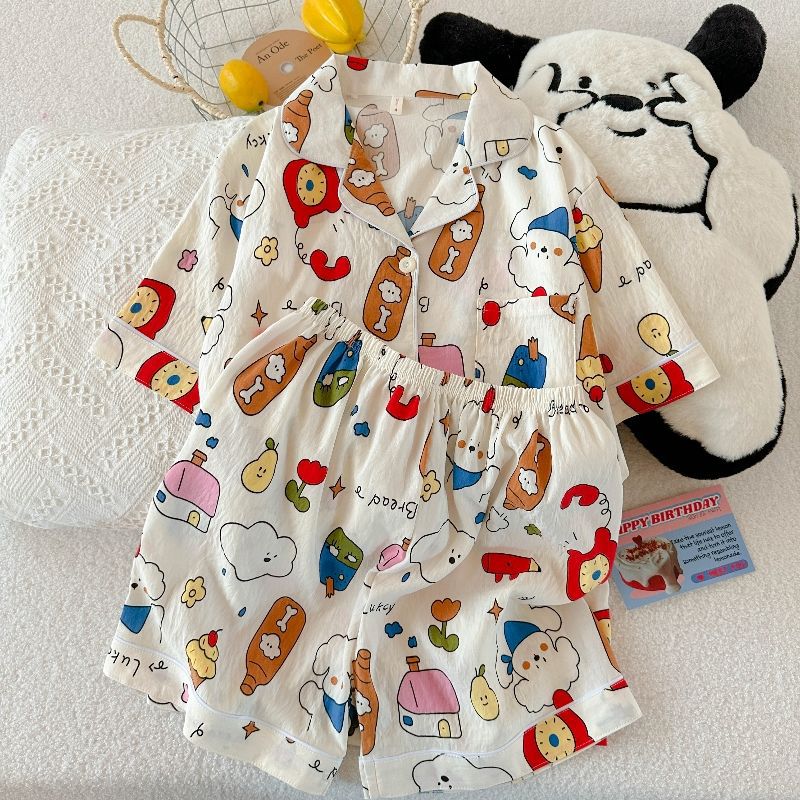Comercio exterior de Vietnam verano nuevo estilo nube rebeca de algodón solapa dulce pijama de dibujos animados pantalones cortos de manga corta traje de servicio a domicilio para mujer