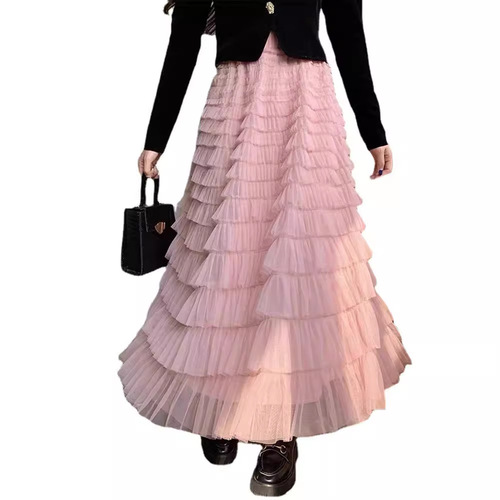 2024 spring and summer cake splicing pink high-waisted half-length solid color cake skirt loose long skirt temperament commuting skirt