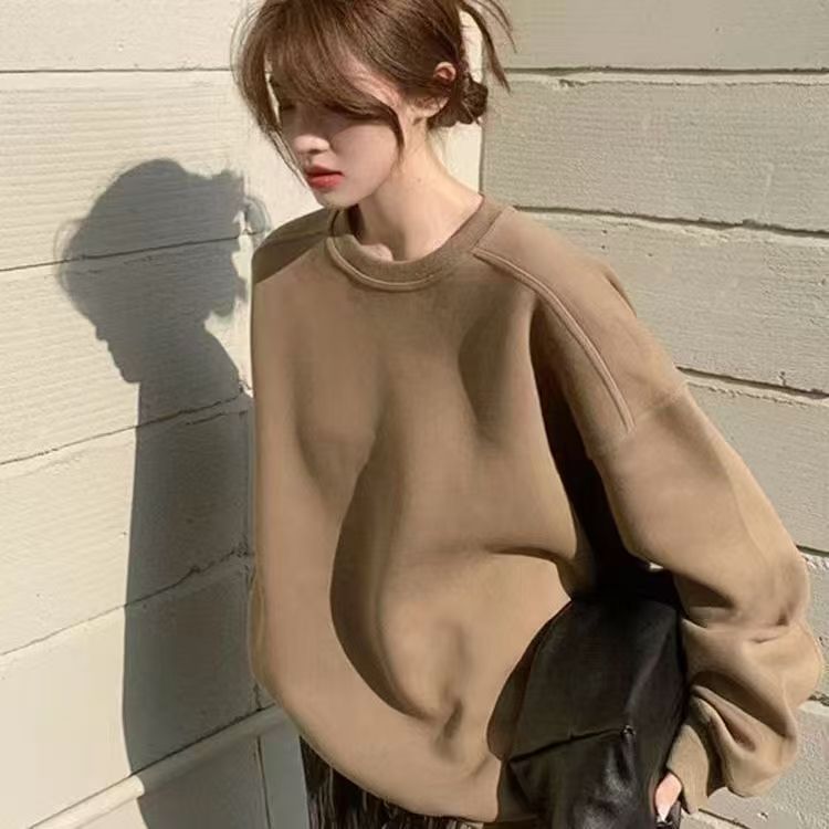 Casual Fleece-Lined Thickened Crewneck Sweatshirt Pullover for Men and Women, Loose Fit, Slimming, Couple's Top for Autumn and Winter