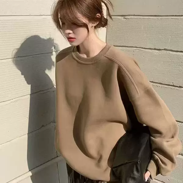 Casual Fleece-Lined Thickened Crewneck Sweatshirt Pullover for Men and Women, Loose Fit, Slimming, Couple's Top for Autumn and Winter