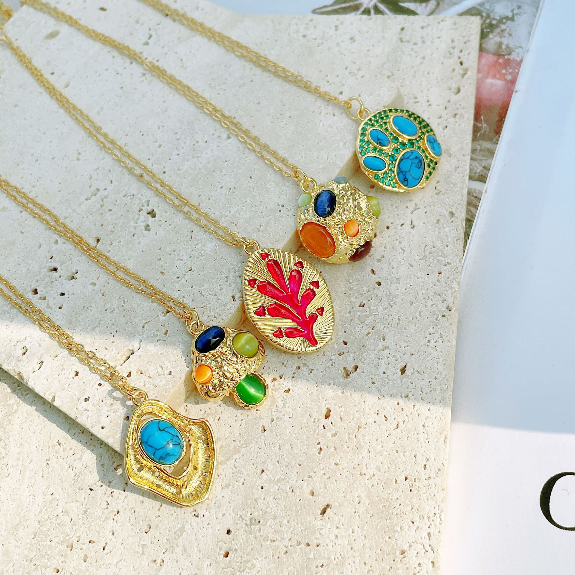 Retro Irregular Geometric Copper Gold Plated Ellipse Plating Natural Stone Pendant Necklace