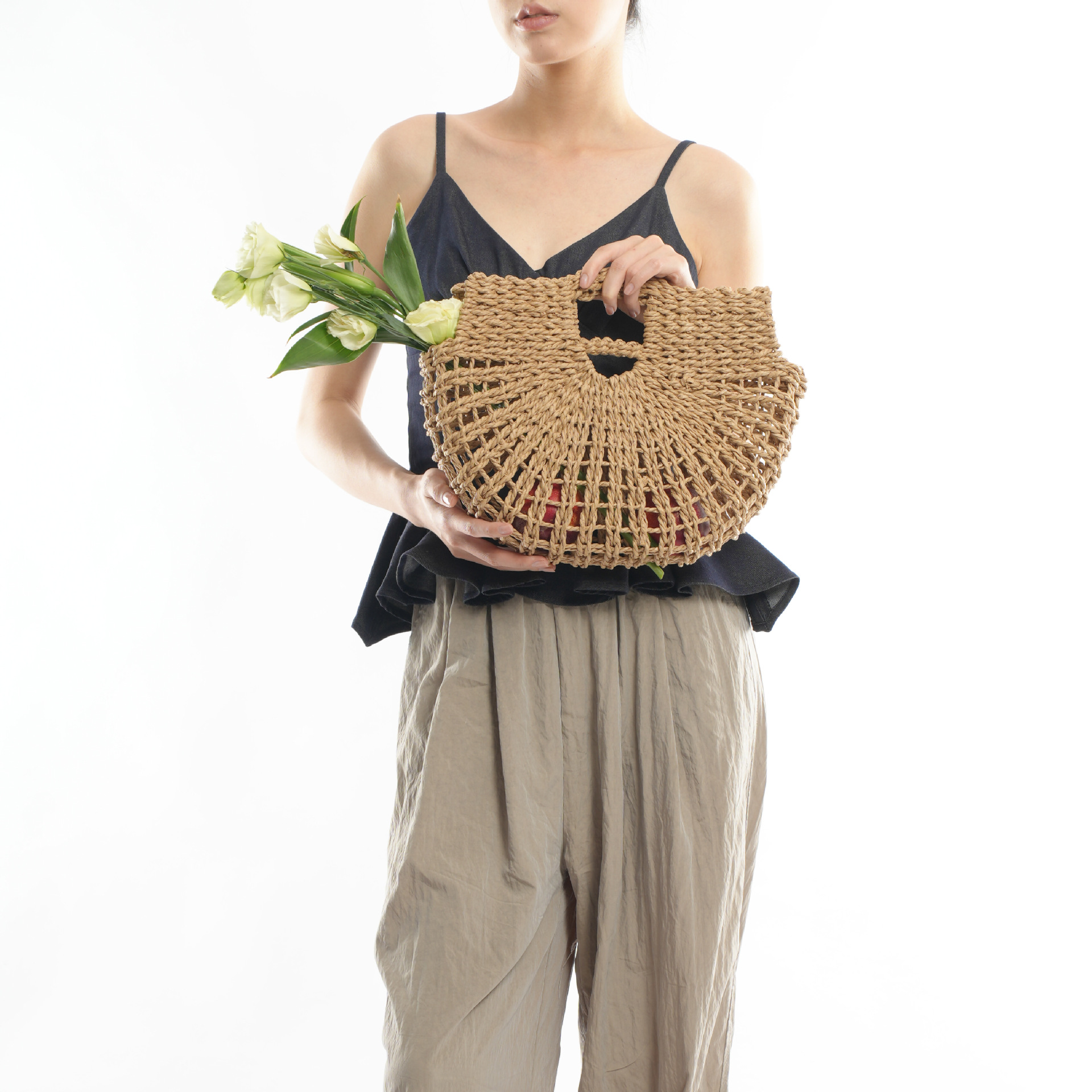 Oval Shape Medium Size Women's Medium Paper Solid Color Vacation Straw Oval Open Handbag