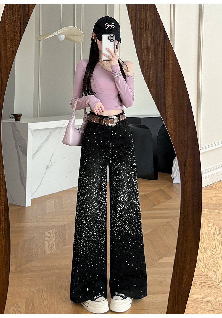 Jeans a zampa con strass glitterati a vita alta per donna - Pantaloni palazzo elasticizzati a gamba larga con vestibilità comoda_voghion.com