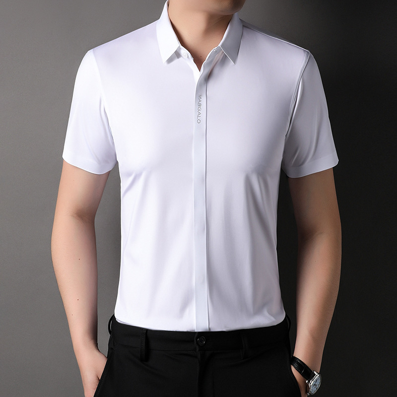 Ice silk seamless high-elasticity solid color short-sleeve shirt for men, summer men's business casual shirt with hidden placket and drape effect