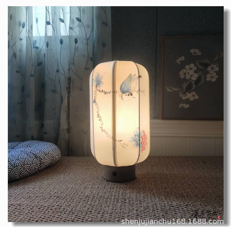 Rechargeable!New Chinese style Hand drawn Flower lantern Table lamp a living room bedroom Bedside lamp Tussah Fabric art lantern