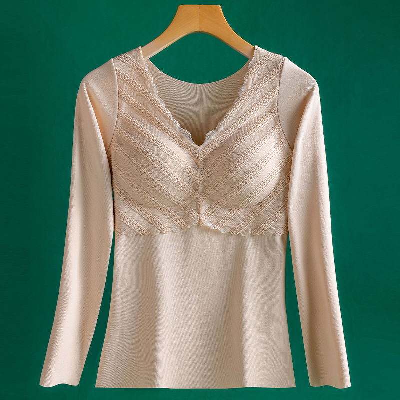 Otoño e Invierno de terciopelo sin costuras ropa interior térmica engrosada de las mujeres con cuello en V encaje bottoming ropa con almohadilla en el pecho temperatura constante térmica de manga larga