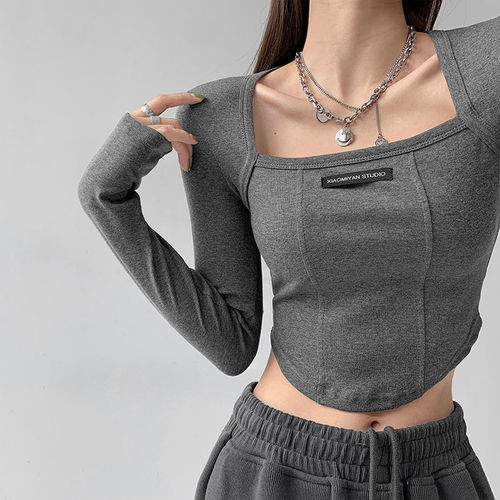 Women's Sweet and Spicy Style Long-Sleeve T-Shirt with American Fishbone Noodle Collarbone Design Fitted Short-Sleeve Top