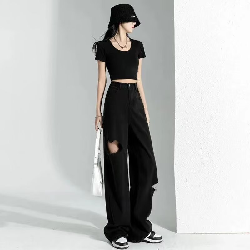 Black ripped Denim women's summer American high street loose straight pants draping small slimming wide leg long pants