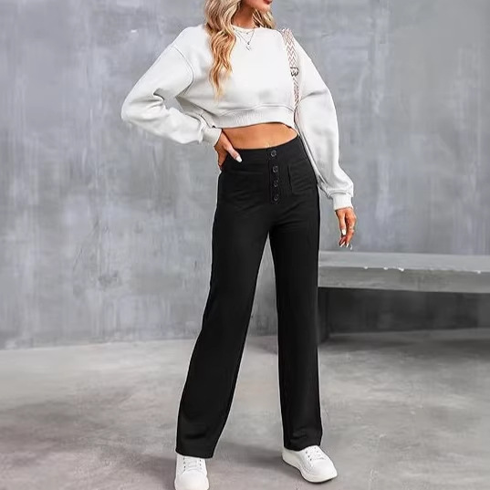 2026亚马逊欧美时尚新款女式休闲直筒裤高腰纽扣 弹性 带多个口袋