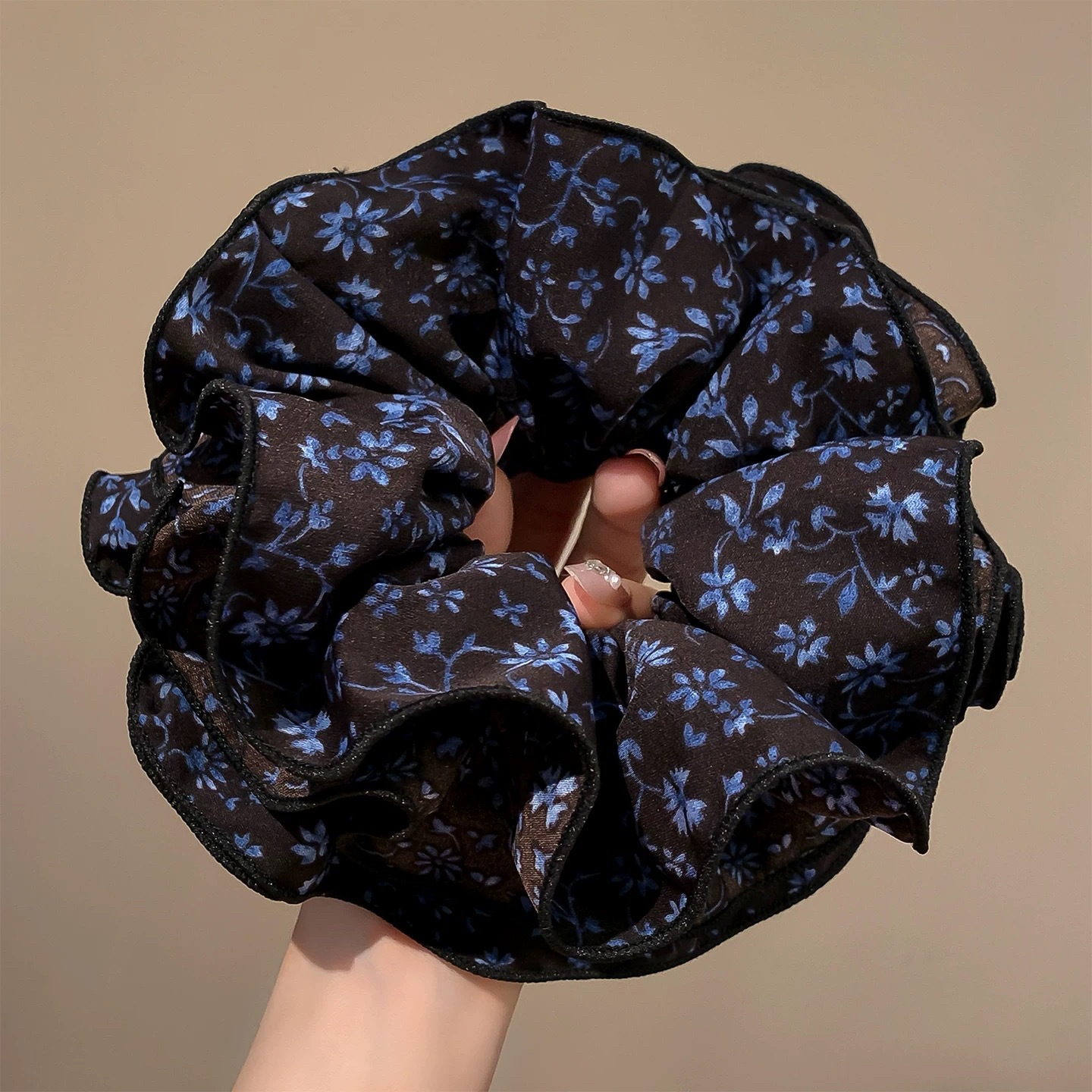 22# brown retro navy blue floral double layer hair tie about 16cm